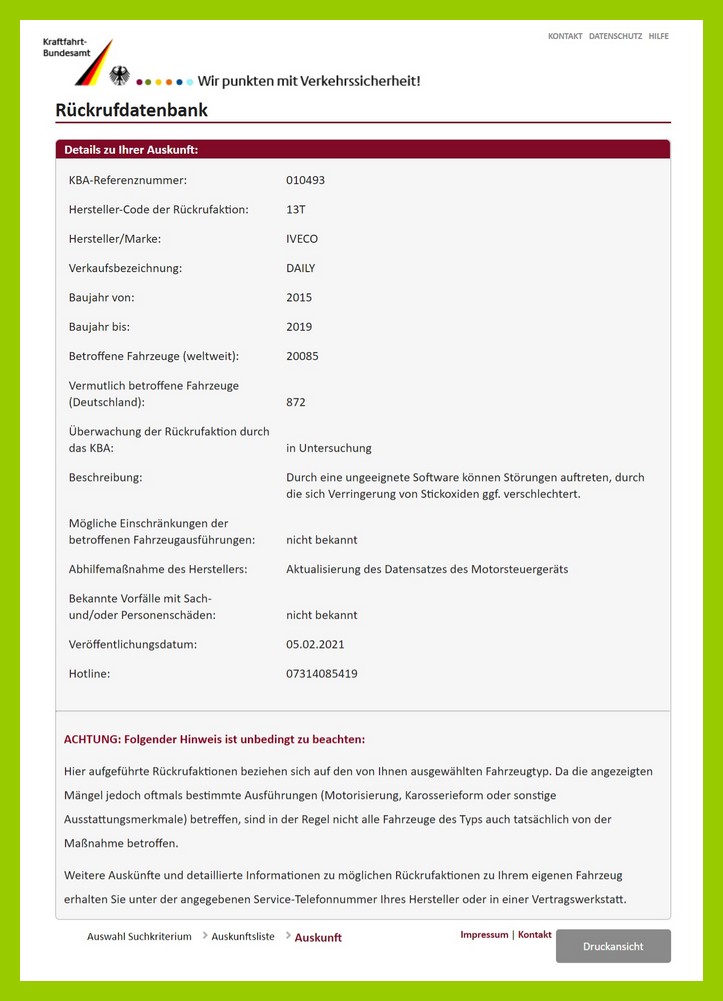 Das Kraftfahrtbundesamt (KBA) in Flensburg hat einen Rückruf angeordnet. (screenshot KBA)