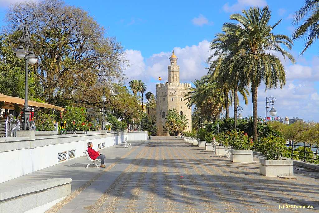 Entspannen an der Promenade in Sevilla. Im Hintergrund der Torre del Oro. (Foto: GFXTemplate; pixabay)